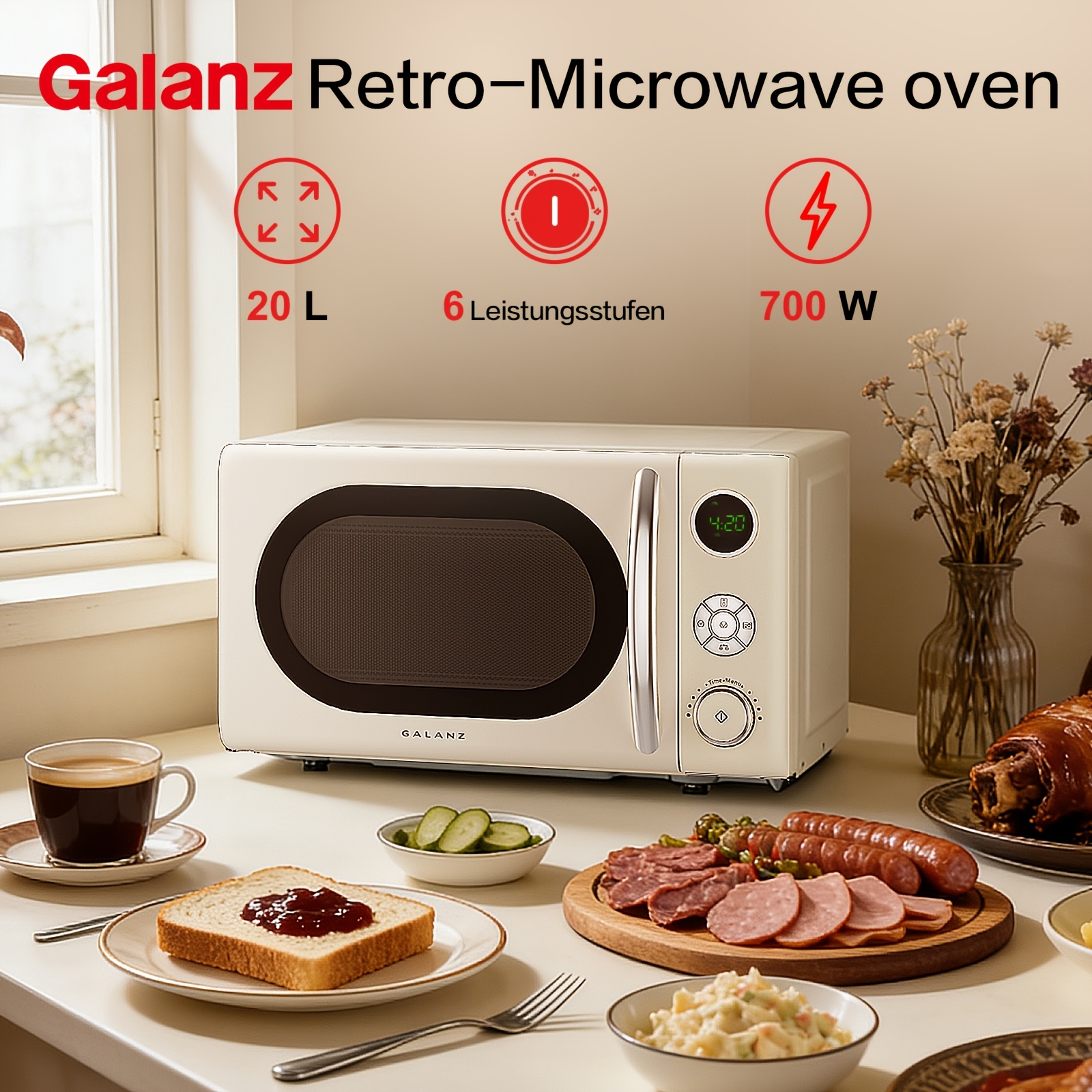 Galanz 20-litrska namizna mikrovalovna pečica, retro črno-kremna, 700 W visoka moč, šest hitrosti, hitro odmrzovanje, ogrevanje, mikrovalovna
