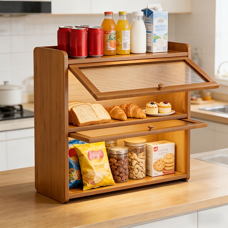 TEMU Kitchen Countertop Bread Box Wooden Bread Storage Box Oven Rack With 2-tier Bread Box Holder Large Capacity Storage Box Food Storage Box Pantry Rack Acrylic Viewing Window