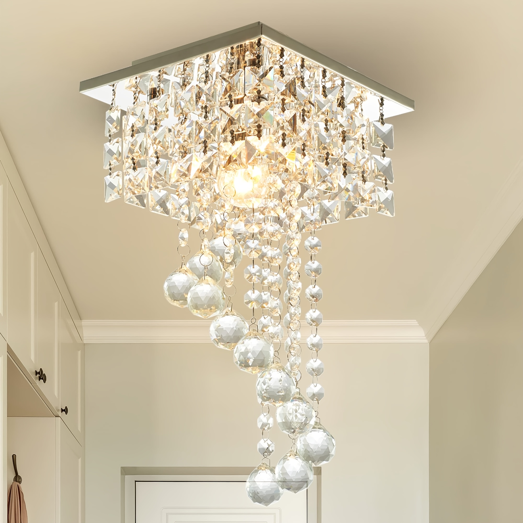 

Elegant Chandelier - Flush Mount Ceiling Light Fixture With Polished Metal , Sparkling Crystals For Bedroom, Dining Room, Kitchen, Foyer - E26 Base, Hardwired Installation, Chandeliers For Dining Room