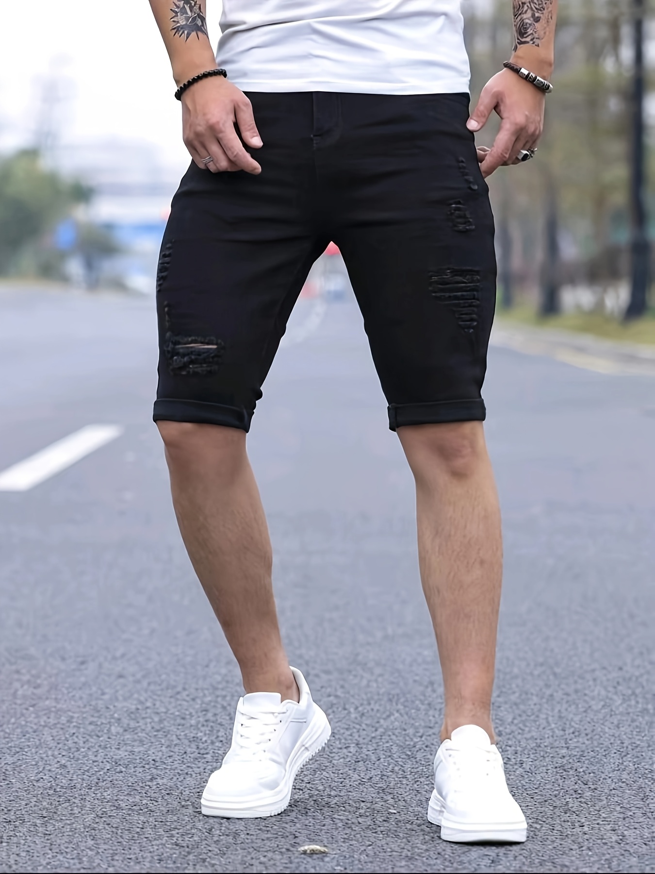Skinny Fit Black Denim Shorts For Men Skinny Stretch Distressed
