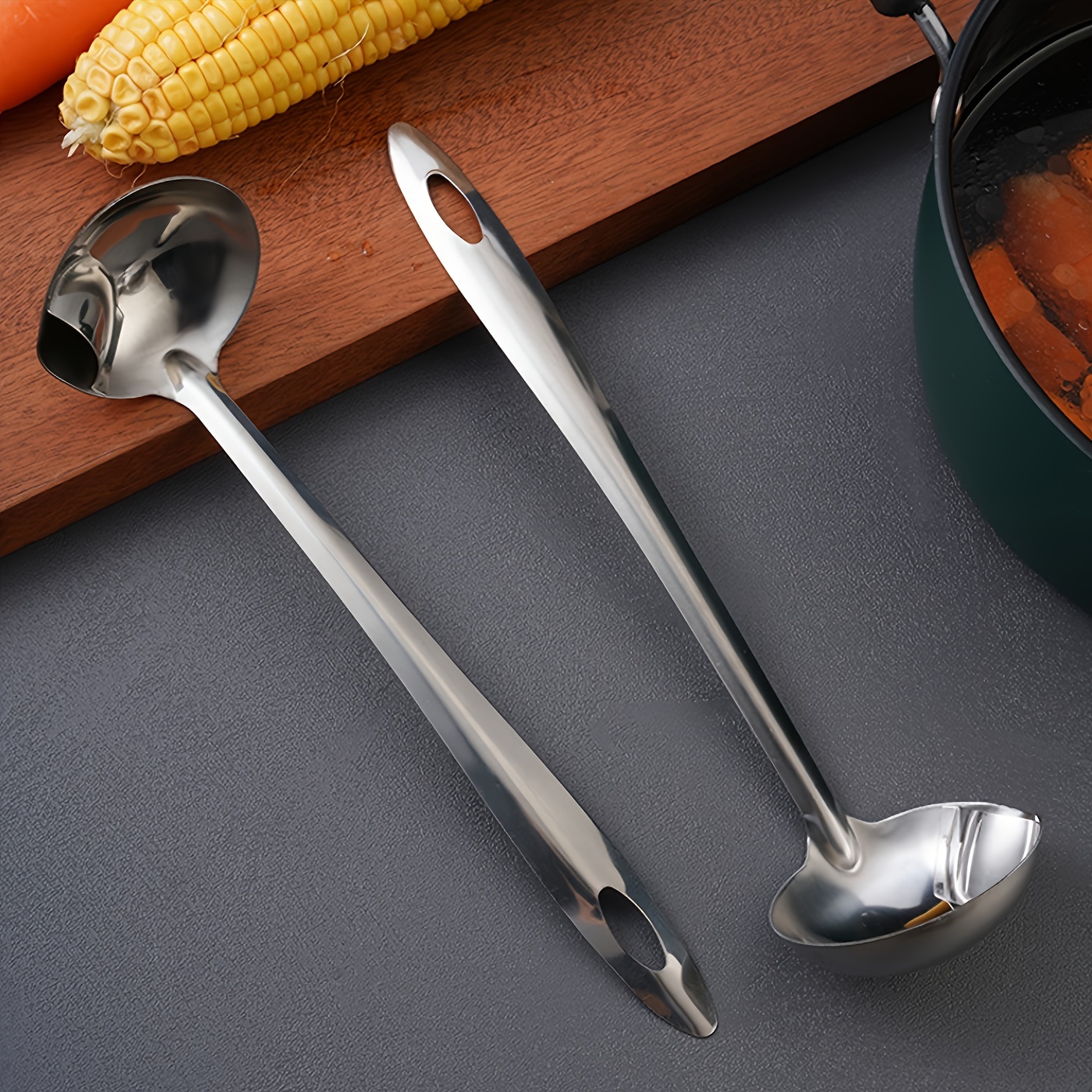 1pc stainless steel oil separating spoon household kitchen drain oil filter to oil soup spoon hot pot filter oil spoon soup separation spoon for restaurants details 4