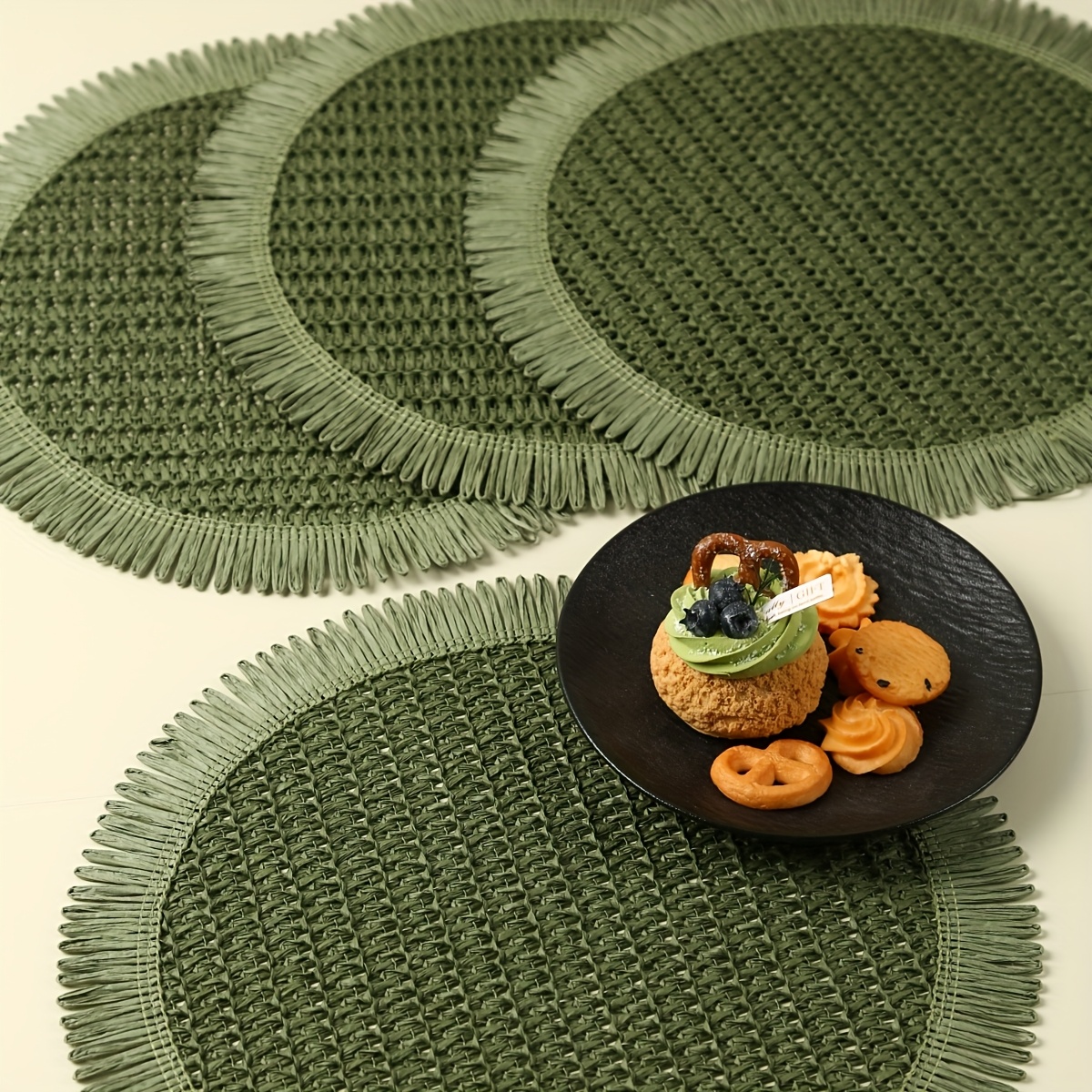 4 6pcs bohemian farmhouse round placemats with tassels green linen grid pattern table mats for weddings parties home decor tea cup protection farmhouse table mats wedding tableware rustic table setting textured tableware Product details 0