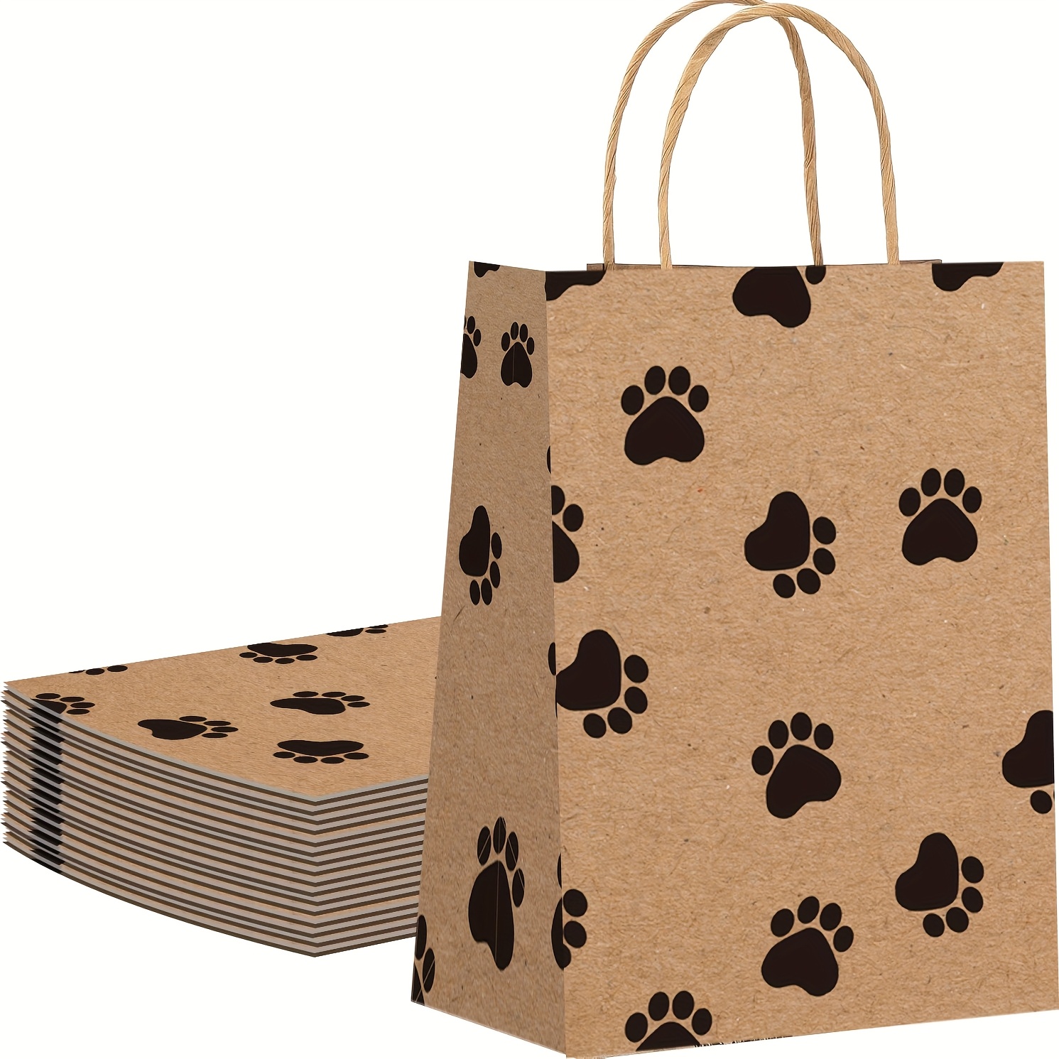 TEMU 20pcs Brown Paper Gift Bags With Paw Print - Puppy-themed Sturdy Handle Boxes Suitable For Dog Parties,, Showers, Pet Store - Paper Bags