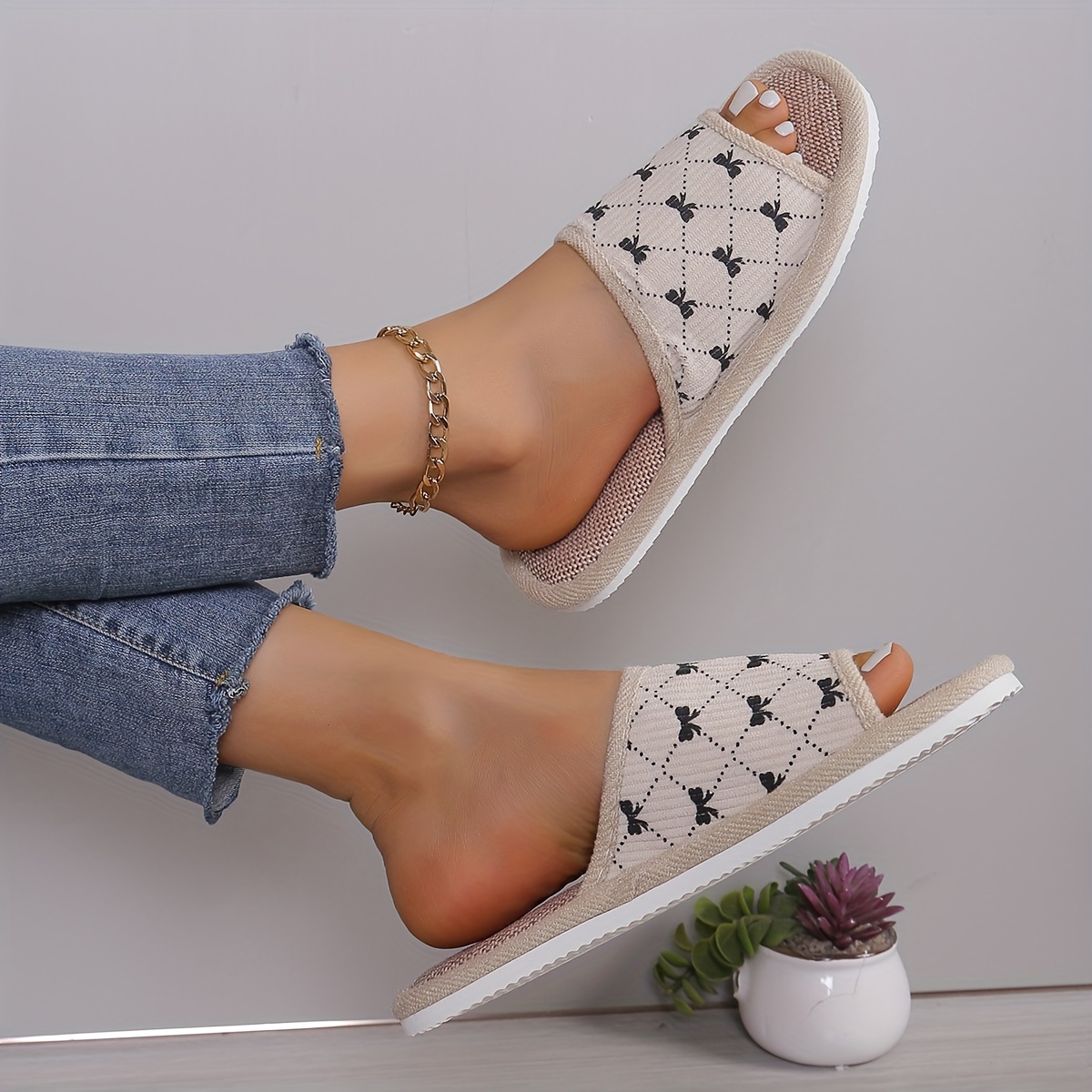 Women'S Summer Slip-on Bowknot Slippers, Breathable Fabric House Shoes, Comfortable All-Season Indoor Slides with EVA Sole, Hand Washable