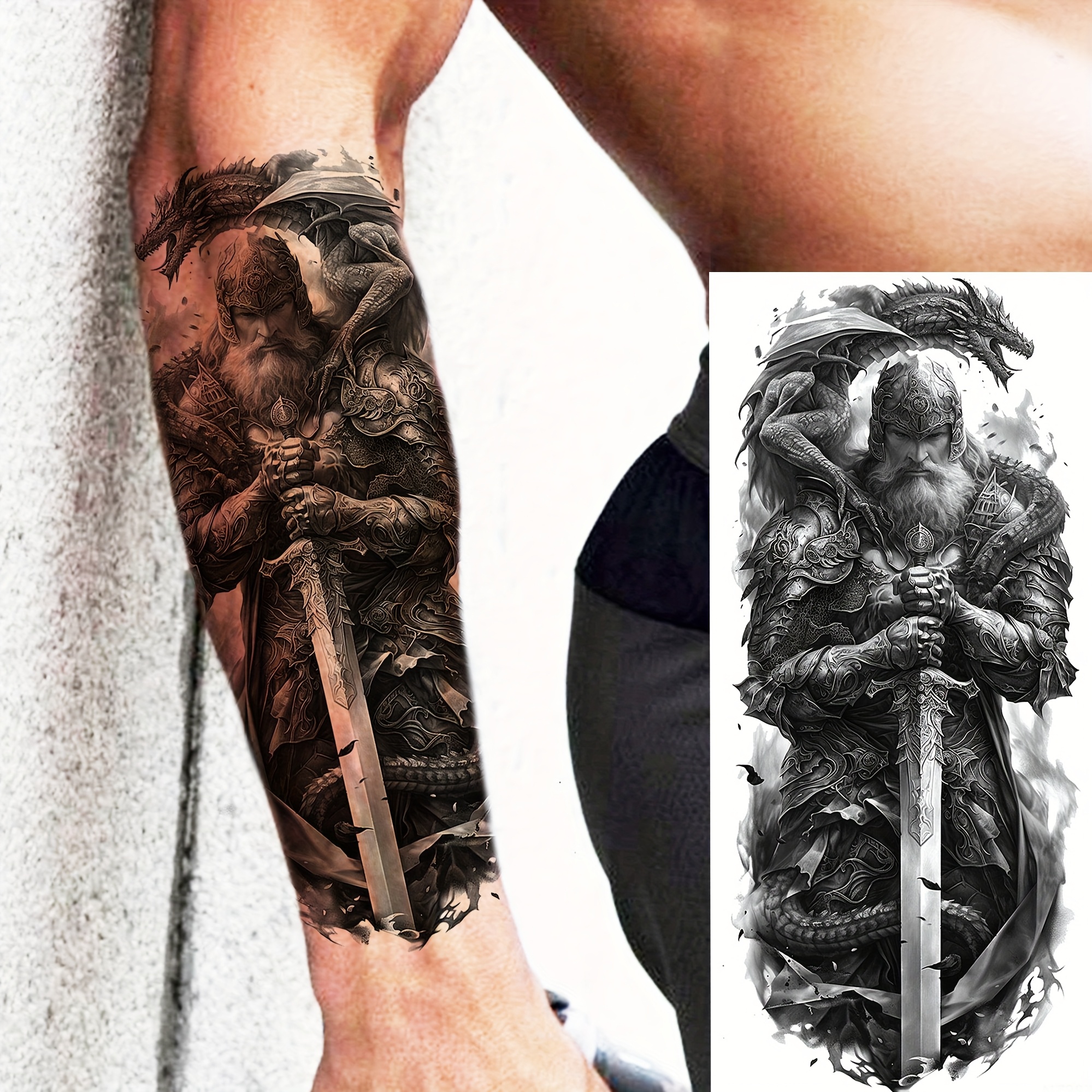 1 Sheet Warrior Sword Temporary Tattoos For Women Men Half Sleeve Adults Arm Thigh Legs Forearm Shank, Temp Fake Tattoo Long Lasting Waterproof Stickers Realistic