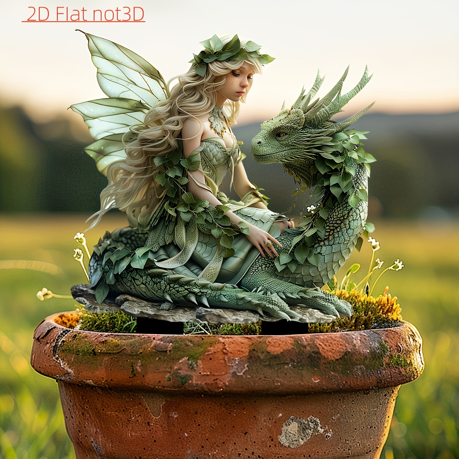 

2d Flat Printing Green Fairy With Dragon Garden Piles - Acrylic Outdoor Art, 11.8"x9" Flower Bonsai Landscape Decoration, Boho Style Courtyard Garden Decoration Fairy Garden Accessories