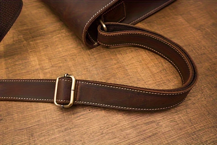mens vintage style genuine leather messenger bag with adjustable strap casual handcrafted crossbody satchel with multiple pockets scratch repairable daily accessory details 15