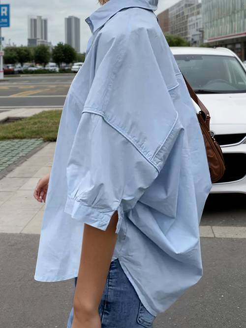 blue lapel short sleeved cardigan top for women with a loose thin casual shirt commuter half sleeved shirt