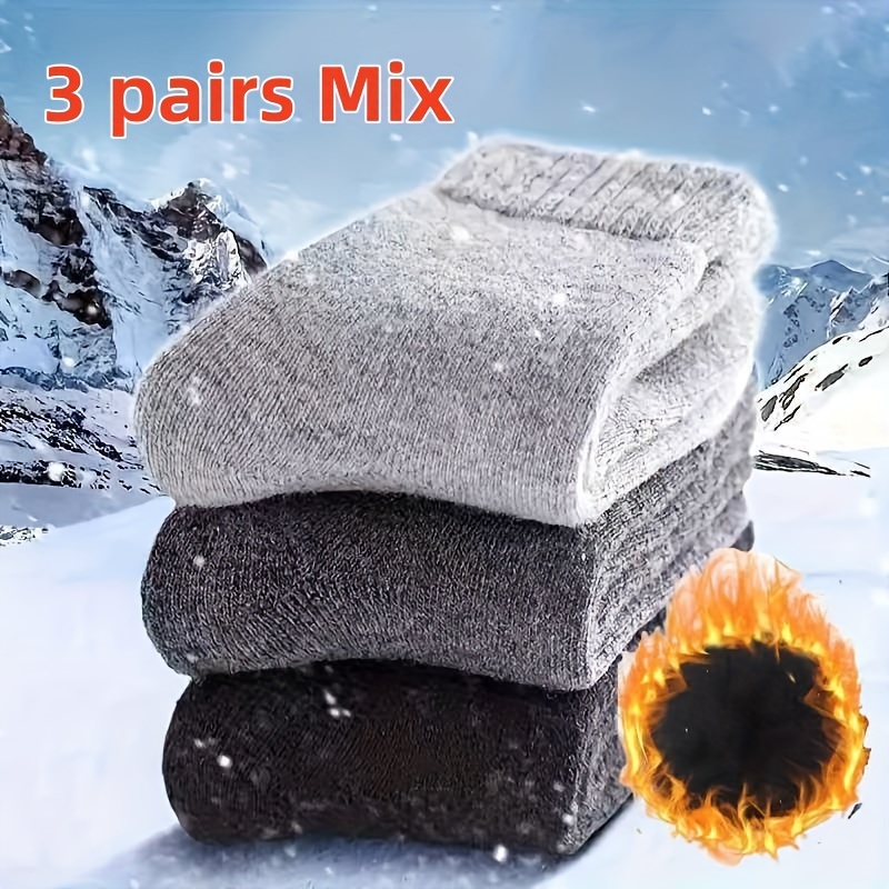 TEMU 3pcs Thick Wool Socks - Cozy, Warm & Stretchy For Winter | Solid Color Casual Mid-calf