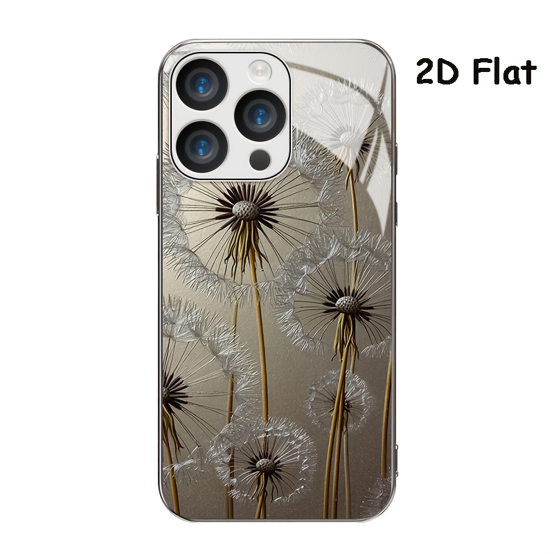 TEMU Phone Case: 2d Flat Dandelion Art Decorative Painting Electroplated Silvery Tempered Glass, Suitable For Iphone 17, 17 Air, 17 Pro, 17 Pro Max,