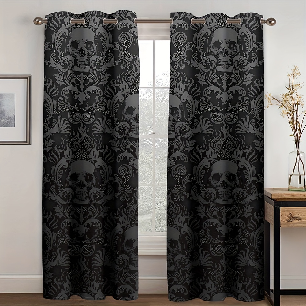 2pcs, Black Floral Pattern Mystical , Installed By Punching Method, Digital Printed Curtains, Material Light, Suitable For Living Room, Kitchen, Bedroom, Study, Hotel, Restaurant, Home Decor
