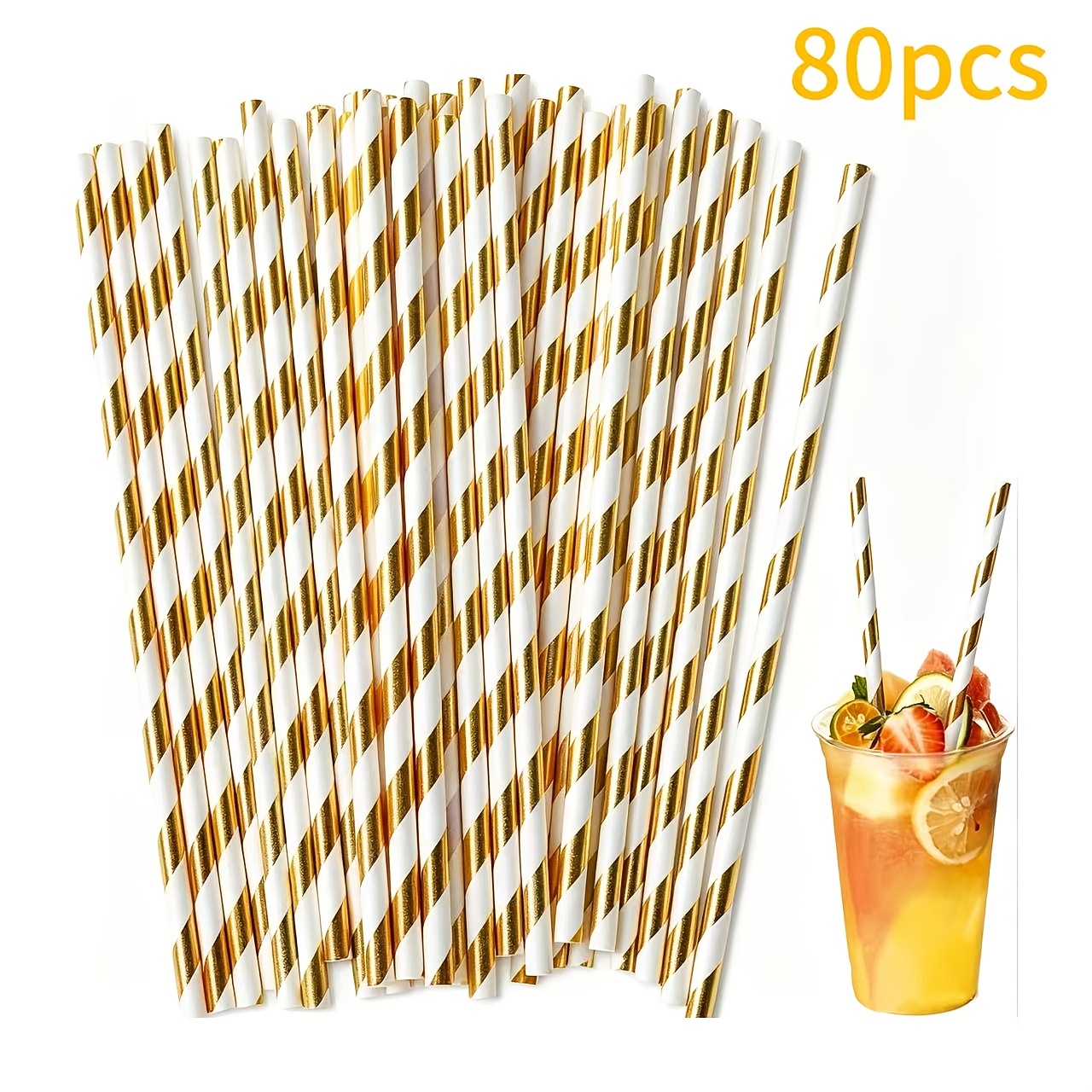 Image of 80pcs Thickened Disposable | Waterproof And Won't Flatten | Gentle Material | Fine | Birthday Decoration Holiday Event Decorative Art Craft Straight Tube Paper With Stamping Straws For Milk