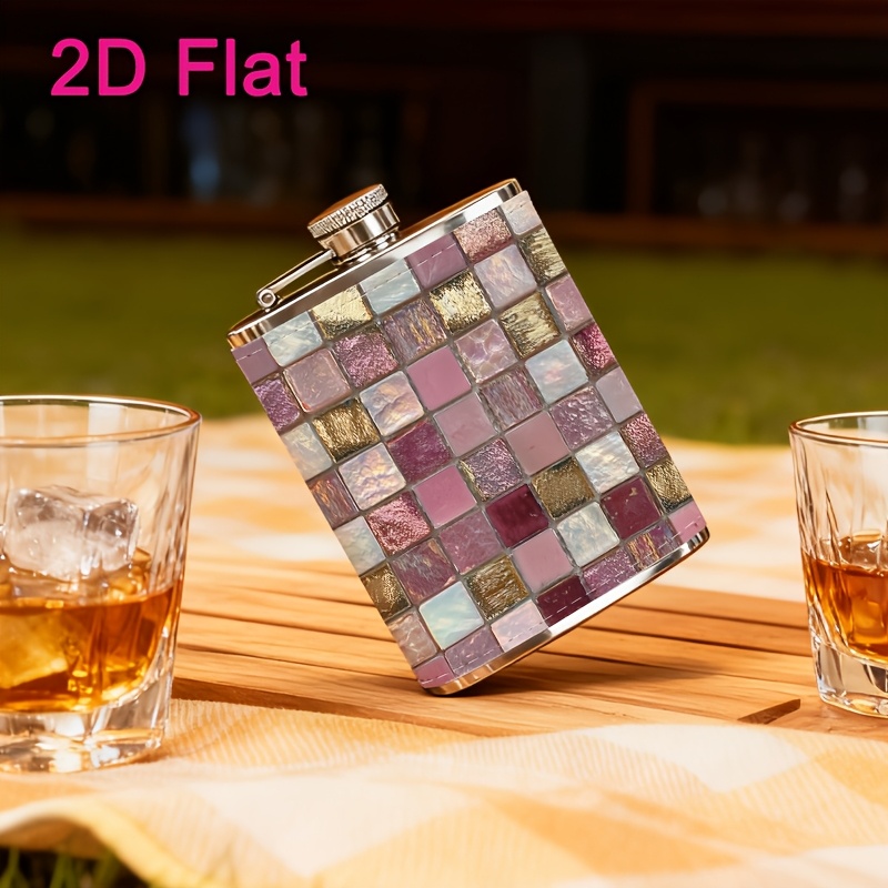 TEMU 2d Flat Colorful Mosaic Tile Pattern Durable 8oz Pocket , Stainless Steel, For Travel & Outdoor Fun