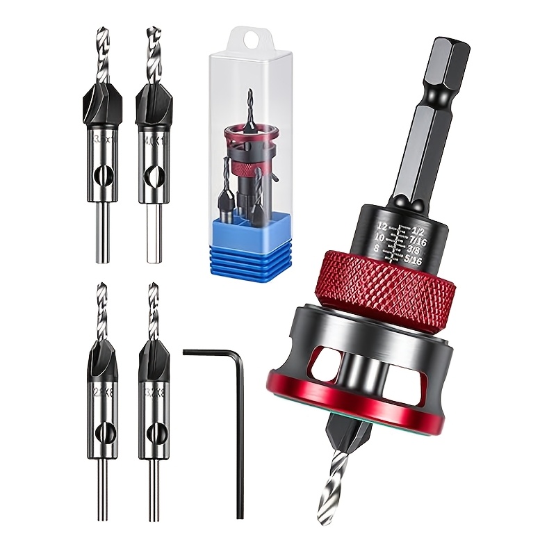 Image of Countersink Drill Bit Set, 5pcs Four-flute Hss M2 Taper Drill Bits With Adjustable Depth Stop Collar And Wrench, Wood Countersink Bits For 82-degree Woodworking, Plywood, And Mdf Diy Projects