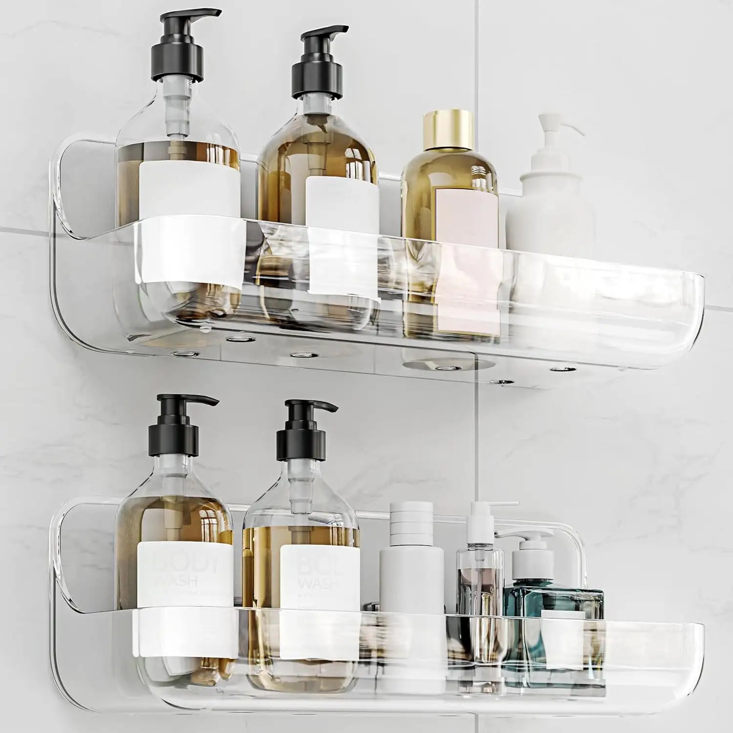 TEMU 2pcs No-drill Bathroom Organizer Set, Adhesive Strong Paste Wall Mount, Acrylic Transparent Shelf, Suitable For Shower Kitchen Bathroom,