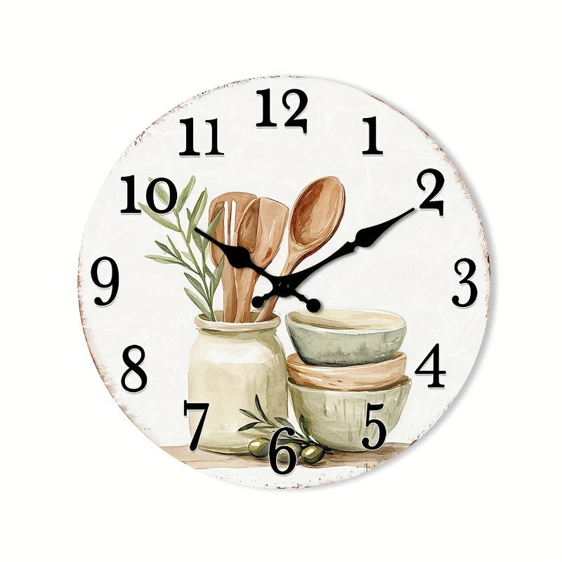 TEMU 1pc Of A Silent Wall Clock That Tick, Featuring A Wooden, Decorative . A Rustic Kitchen Decoration With A Utensils Motif, Suitable For A Foyer,