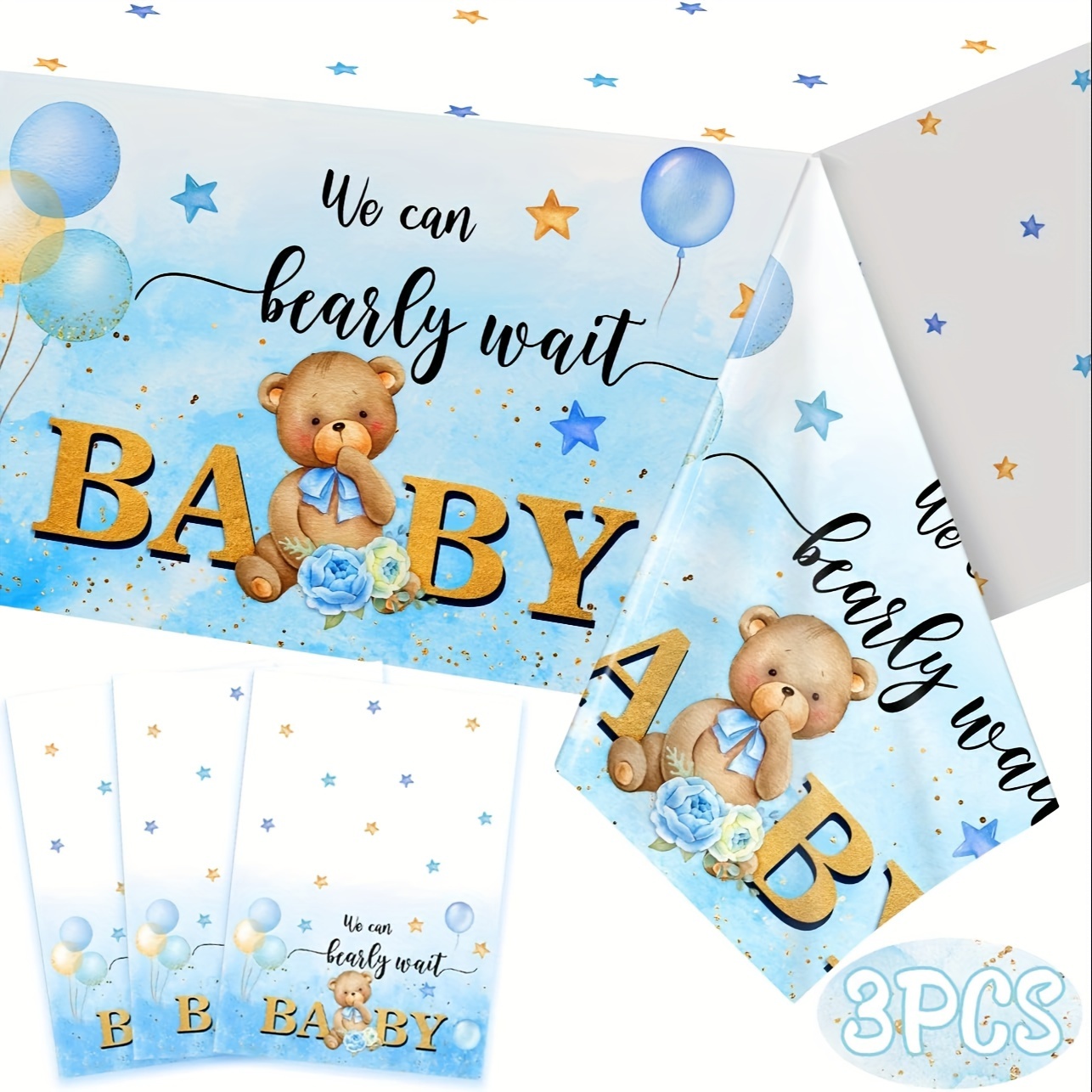 

3pcs, Bear Baby Shower Tablecloth, We Can Bearly Wait Baby Shower Tablecover For Shower Birthday Party Supplies