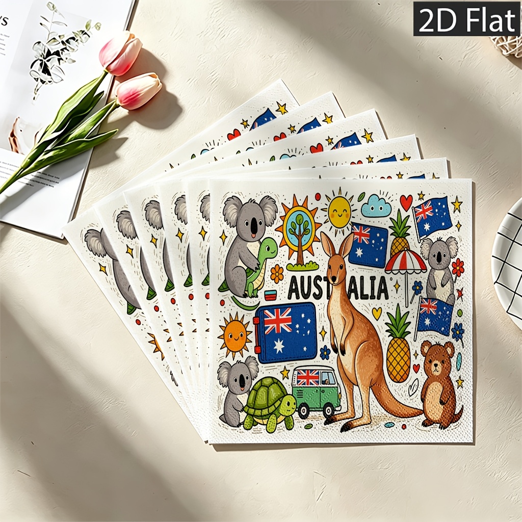 TEMU Lot de 20 serviettes en papier jetables 2D plates, style coloré animaux et plantes australiens, 2 épaisseurs pour une durabilité accrue -