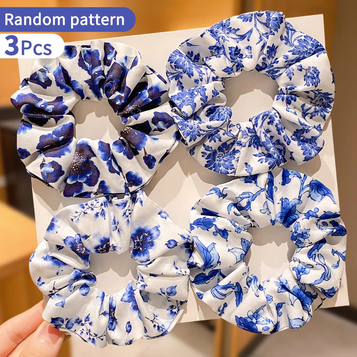 TEMU 3 pezzi Scrunchies per capelli da donna stile casuale retr簷 con stampa blu, eleganti elastici per capelli retr簷 cinesi nuovi blu e con , morbidi