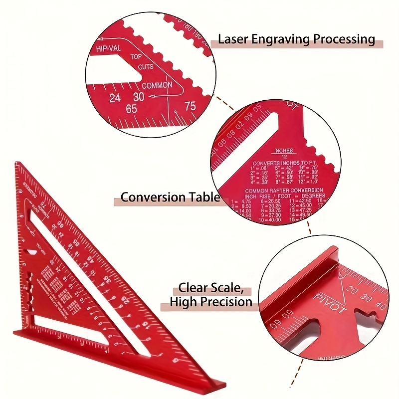 7 inch precision aluminum carpenter square red triangular ruler with serrated edge for accurate measurements ideal for woodworking home renovation and design projects carpentry tools details 4