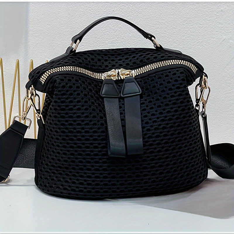 

Hollow Out Zipper Crossbody Bag, Large Capacity Saddle Bag, Lightweight Solid Color Handbag