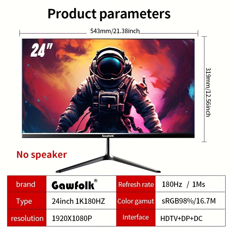 Gawfolk Gaming Monitor 24.5-inch 180hz, Pc Screen , Surface Frameless Computer Monitor With Freesync,. Hdtv, Dp, Vesa