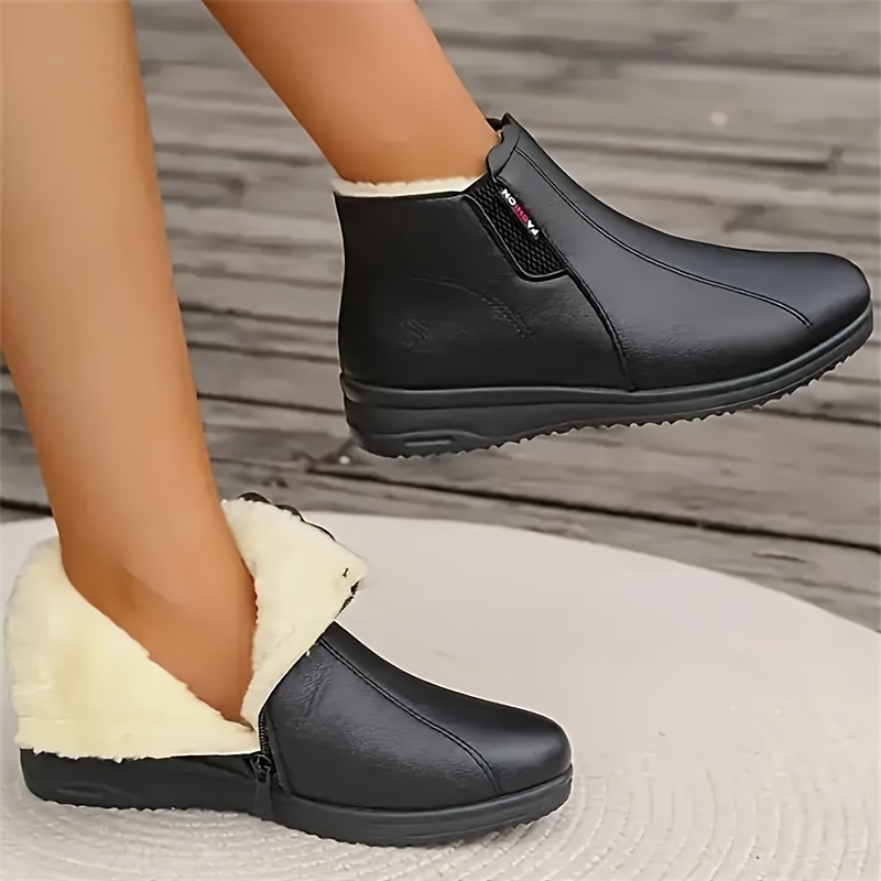 

Cozy Fleece-lined Women's Ankle Boots - Casual Winter With Side Zipper, Round Toe & Sole