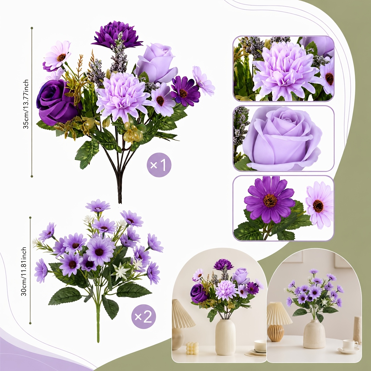 TEMU 3pcs Purple Artificial Flower Bouquet, Dark Purple Roses, Lavender, Purple Chrysanthemums, And Daisies, Grape Purple To Light Purple Gradient,