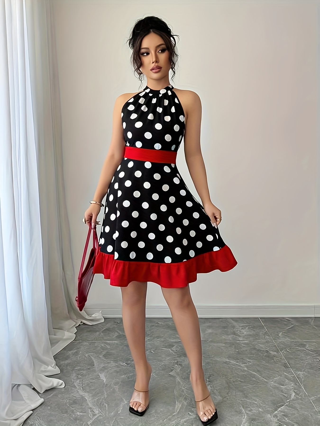 womens elegant black white polka dot mini dress red contrast