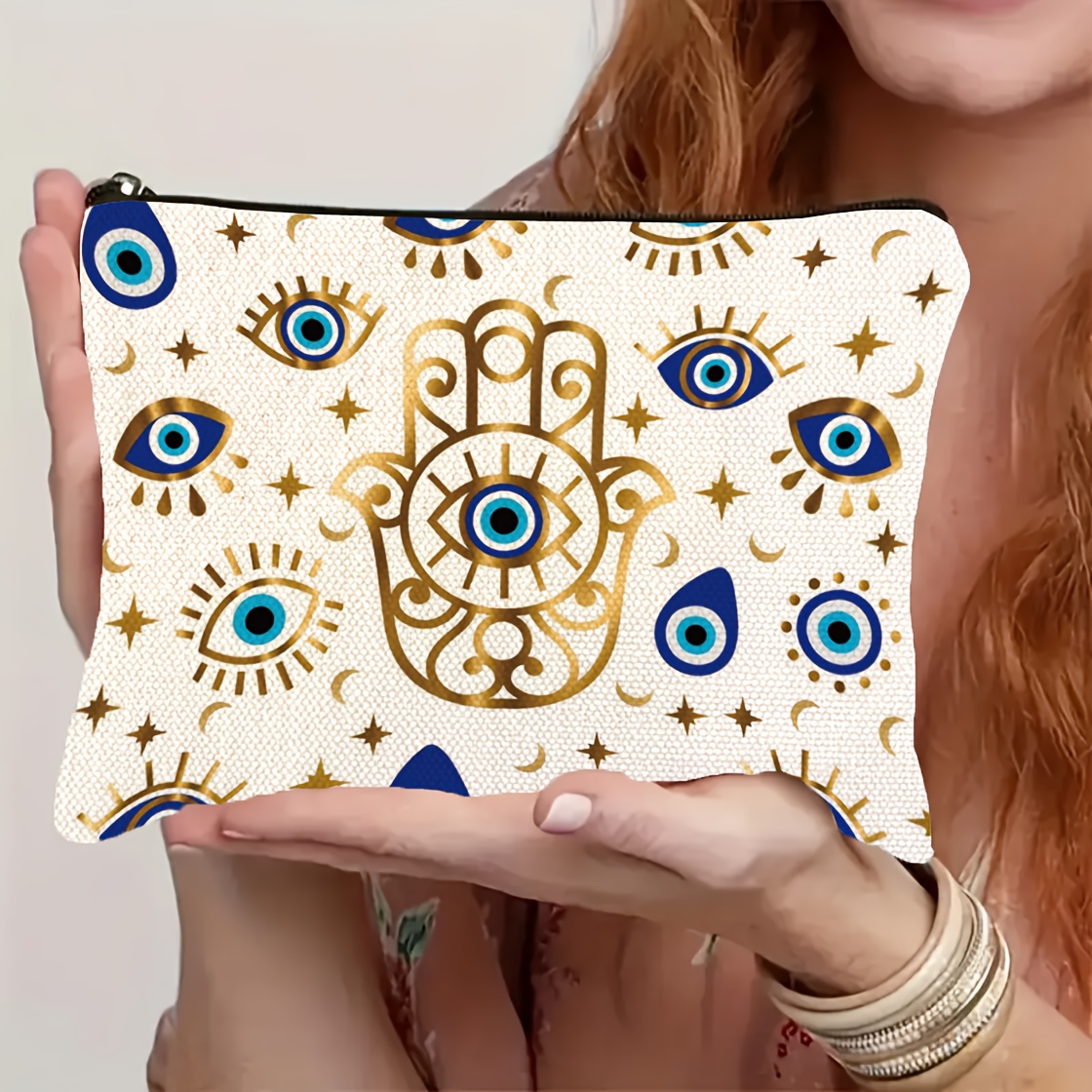 Image of Demon Eye Makeup Bag, Large Capacity Double-sided Printed Women's Pouch - Unscented, Essential For Travel With A Portable Zipper, Perfect Gift For Lovers - Pack Of 1