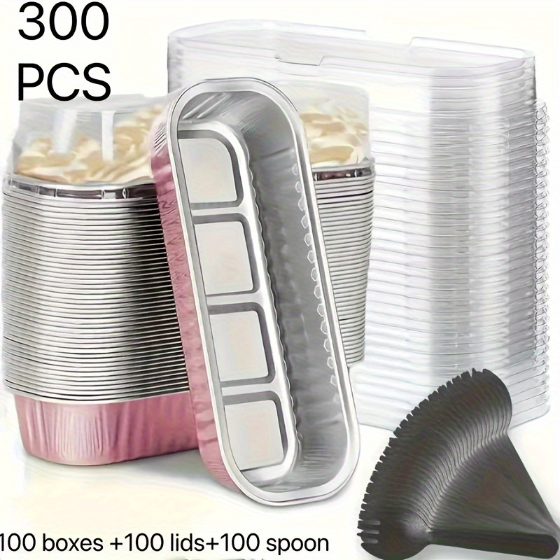 

100pcs Mini Loaf Pan With Lid And Spoon, Pink Gold, 6.8 Ounces, Rectangular Foil Baking Pan