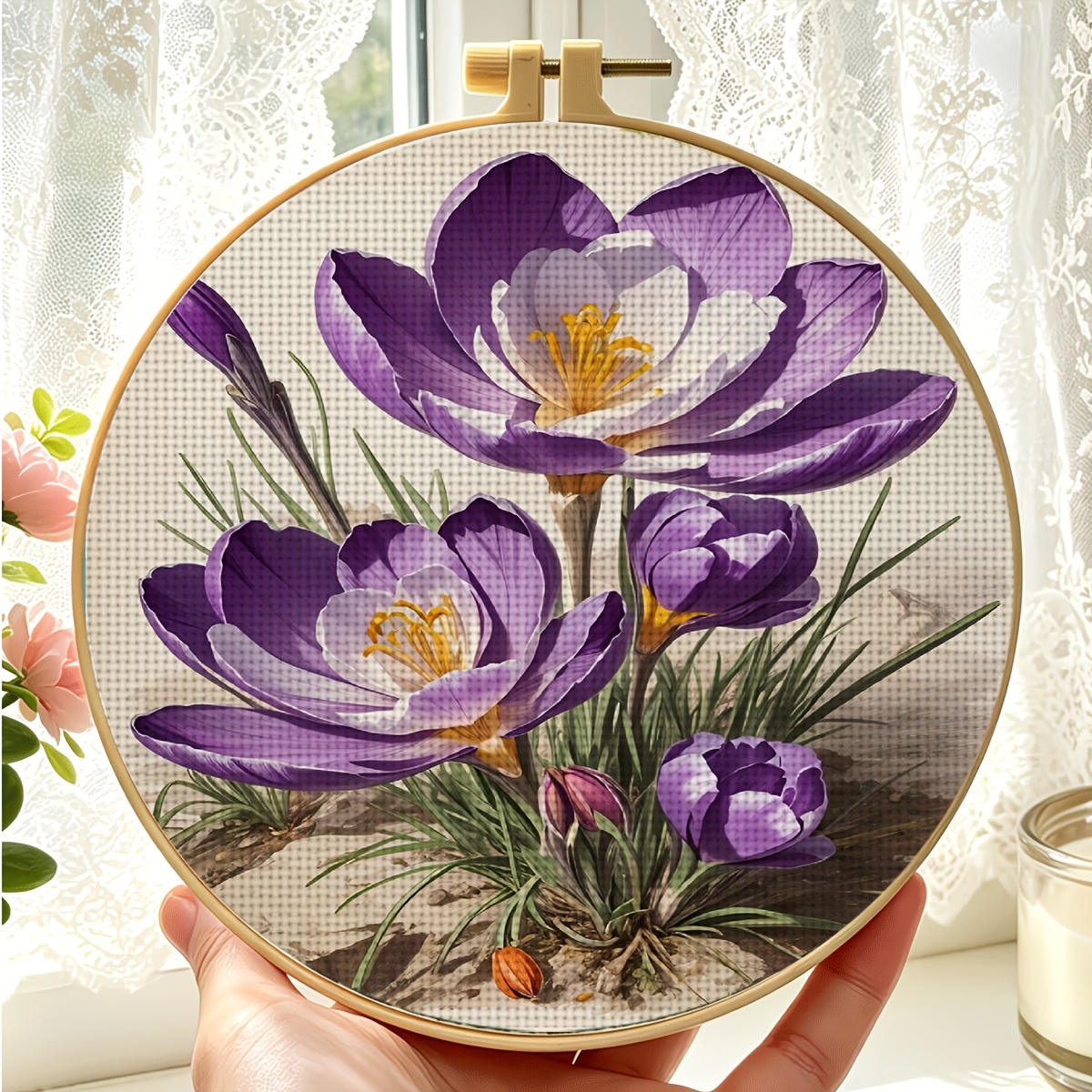 11CT Printed Fabric Cross Stitch Kit, Purple Flowers Blooming