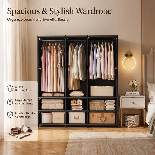 Three-Column Classified Hanging Wardrobe - Multi-Functional Clothes Drying Rack. Simple 56.34-inch Mobile Garment Rack, 3-Column Storage, 9 Storage Layers, Each Layer Supports 3.0 KG, for Wall Storage, Portable Bedroom Closet, Portable Wardrobe