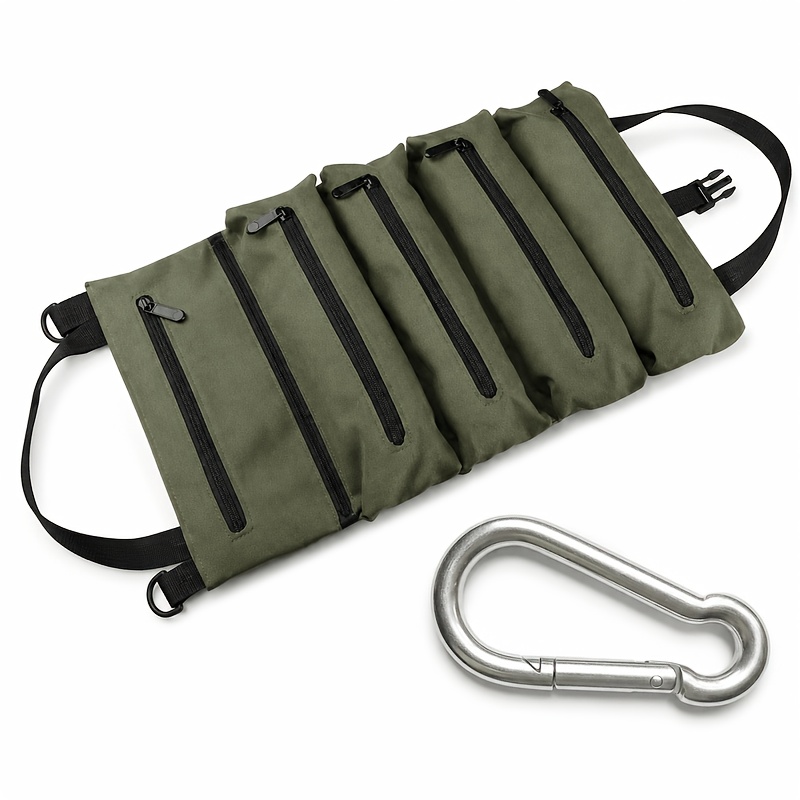 TEMU 2pcs Set (1pc Olive Green Roll-up Tool Bag And 1pc Galvanized Spring ), Thickened And Wear-resistant Oxford Cloth Tool Pouch, Multi-compartment