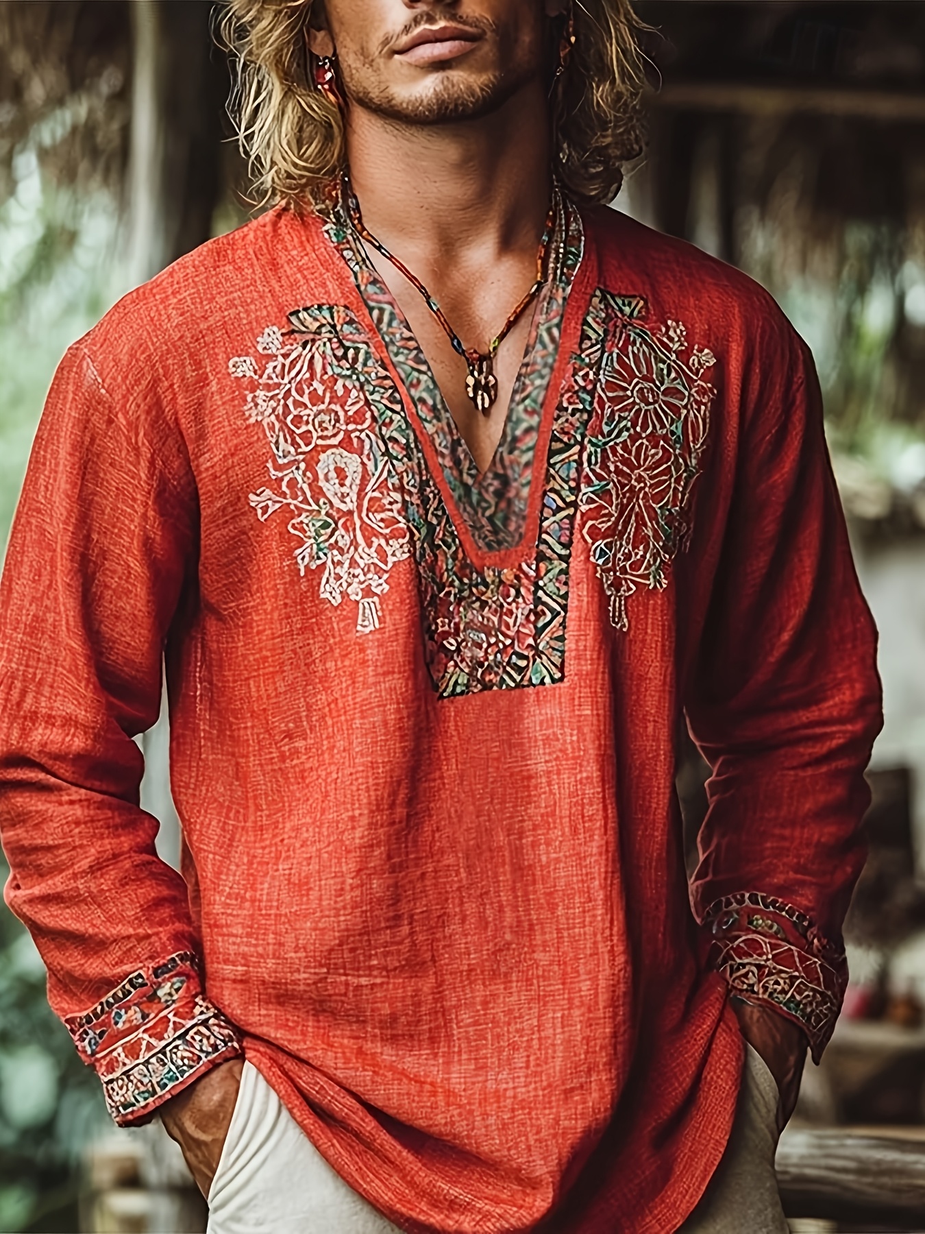 item picture mens long sleeve print v neck shirt with ethnic style and side slits model 0243