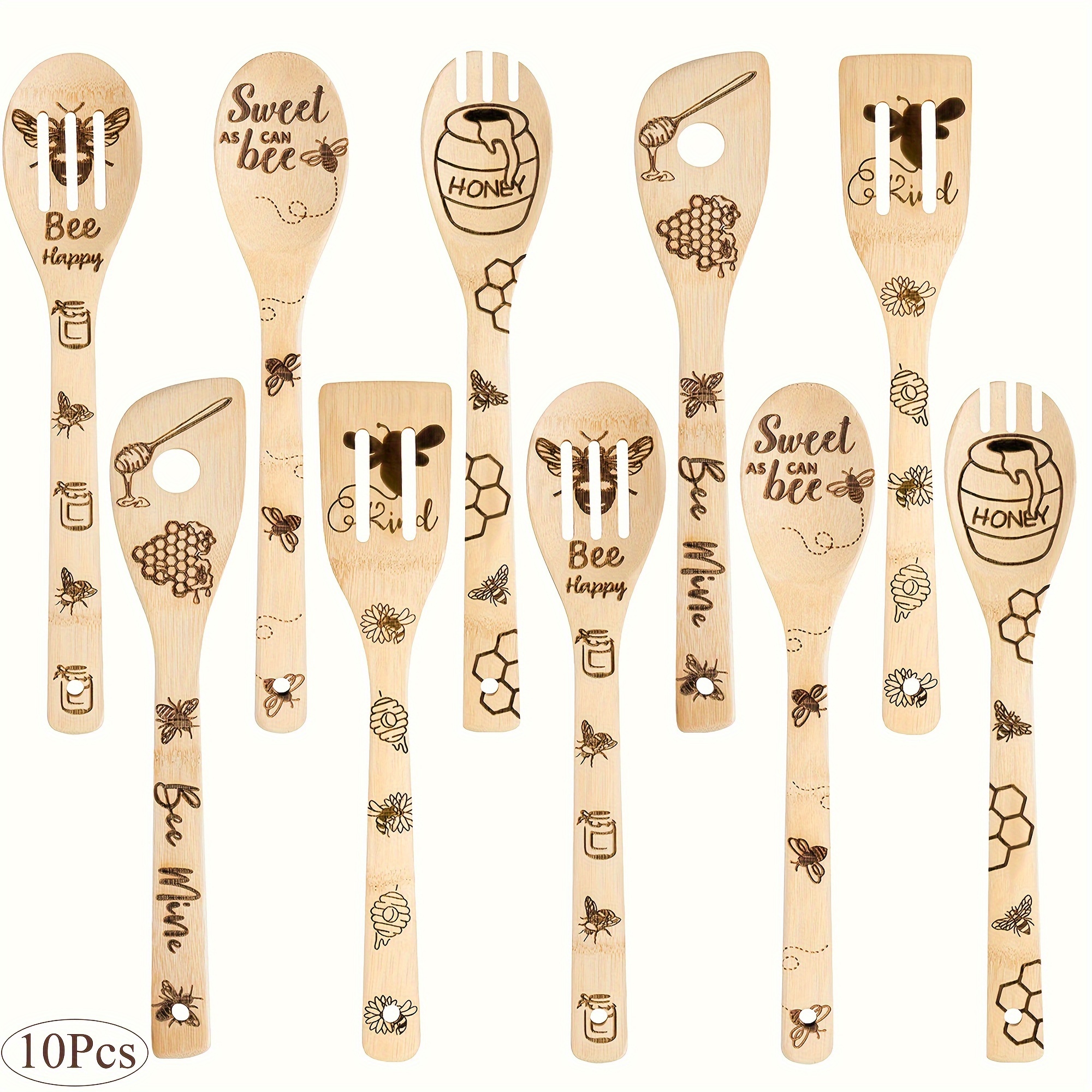 

10pcs Bee Wooden Spoons Spatula Set, Bee Themed Cooking Utensils Carve Spoons Bamboo Cookware Kitchen Gadget Kit Housewarming Gift Chef Present Funny Kitchen Decor