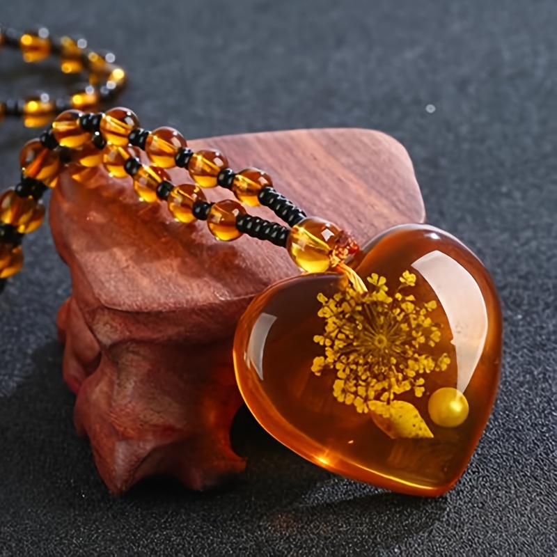 

1pc Heart-shaped Amber Pendant Necklace, Synthetic Resin With Floating Saltwater Beeswax, Unisex Retro Jewelry, Brazilian Amber