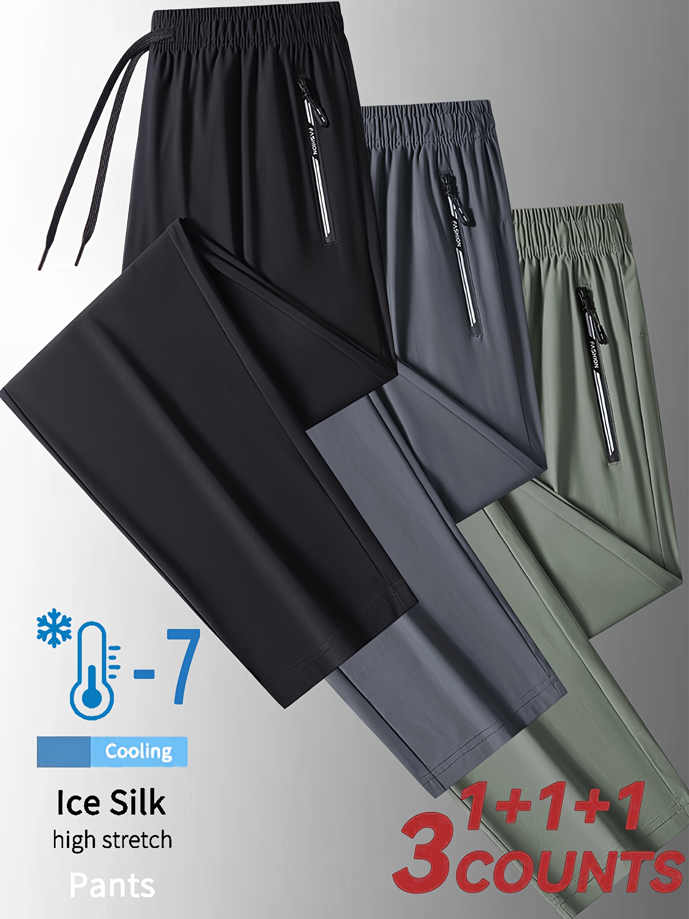 3pcs mens ice silky fiber casual pants high stretch breathable cooling loose fit straight leg trousers with elastic waist pockets machine washable for spring summer 3 colors grey beige trousers trousers pocketed trousers warm weather clothing minimalist style soft fabric casual attire details 1