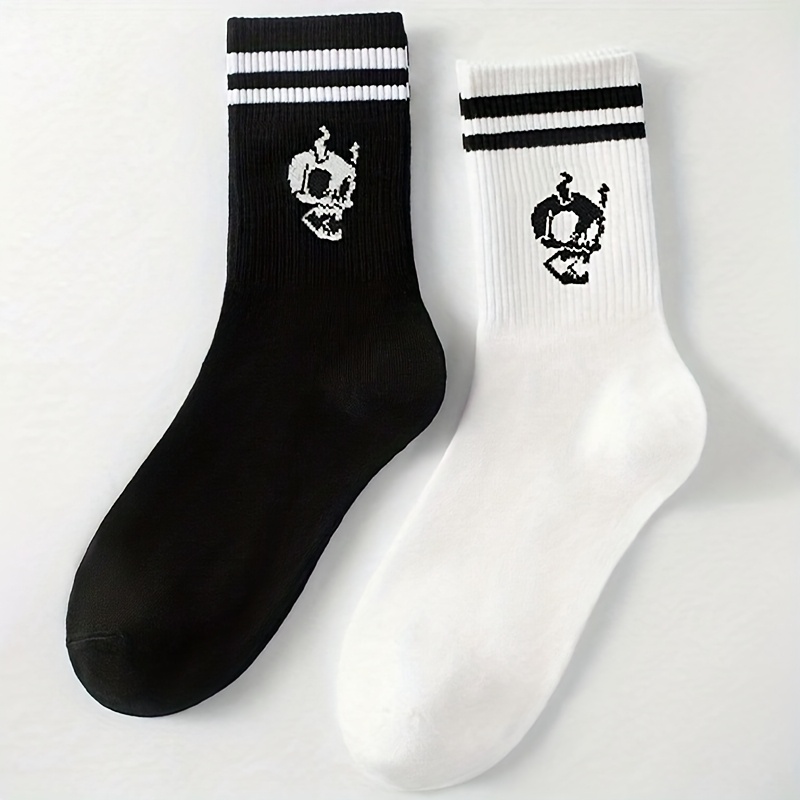TEMU Men's Skull Double Stripe Sports Casual Minimalist Mid-calf Socks, Soft And Comfortable Socks, Unisex For Daily Wear, Halloween Festival Attire