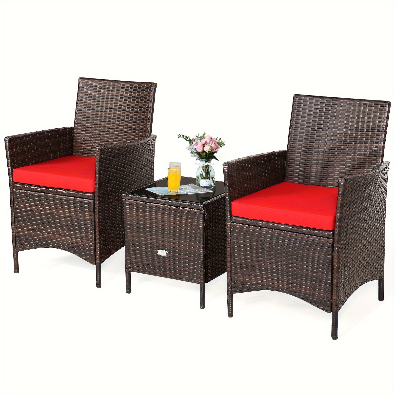 

3pcs Patio Rattan Furniture Set, Cushioned Sofa Glass Table For Garden - Red