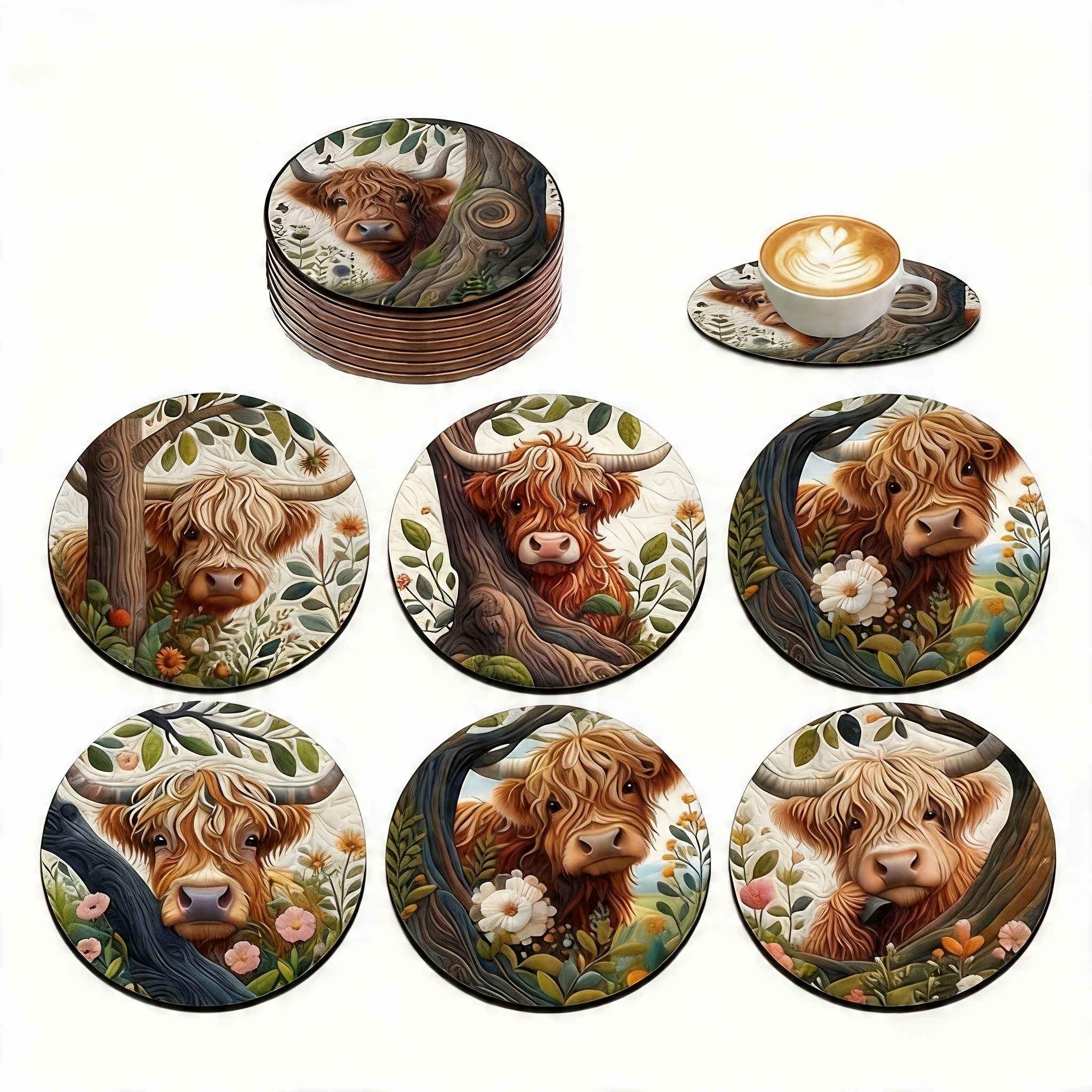 TEMU 6/12pcs Highland Cow Wooden Coasters, 10cm Diameter, For Coffee, Tea And All Drinks. Suitable For Home, Bar And Office Use. With Beautiful Cow