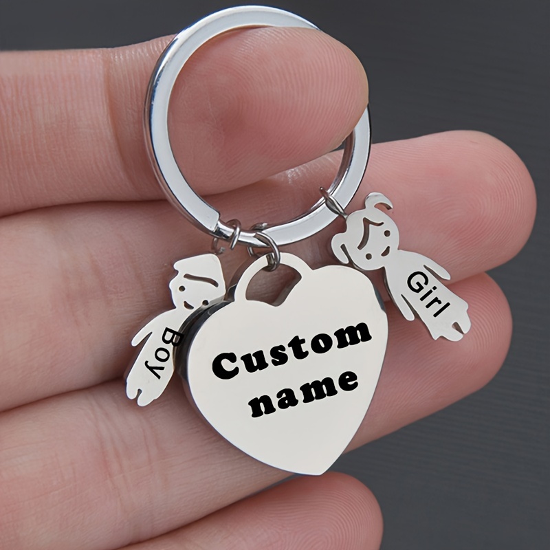 

1pc, Custom Stainless Steel Keychain, Personalized Heart Shaped Couples Keyring, Simple Key Pendant With Boy & Girl Charms, Diy Engraving, Family & Friends Gift Idea