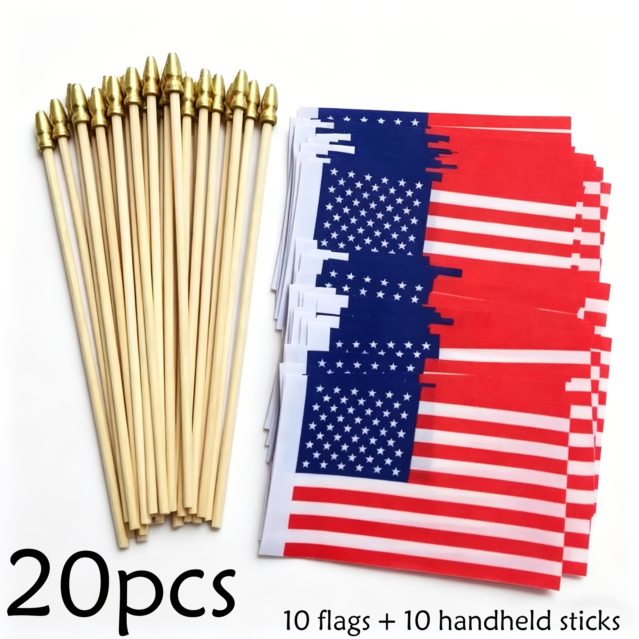 TEMU 20pcs Handheld American Flags, 10 Handheld Sticks + 10 Mini 4x6 Inch Flags, With Safety Spear-top Polyester Tear-resistant, Garden Decoration