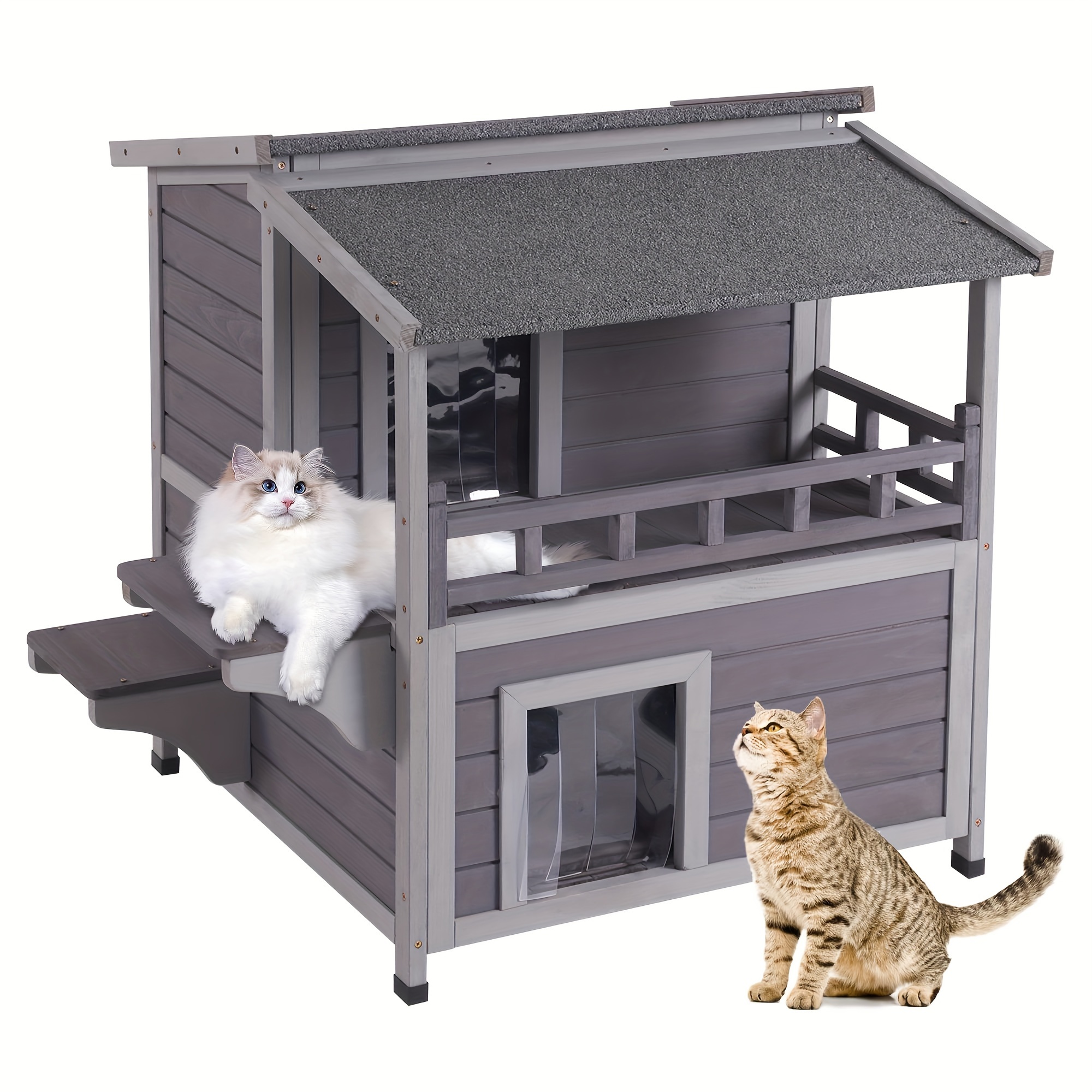 Image of 2-story Cat House With Large Balcony, Indoor Cat Condo, Outdoor Cat Shelter, Wooden Cat Home With Pvc Door Strip