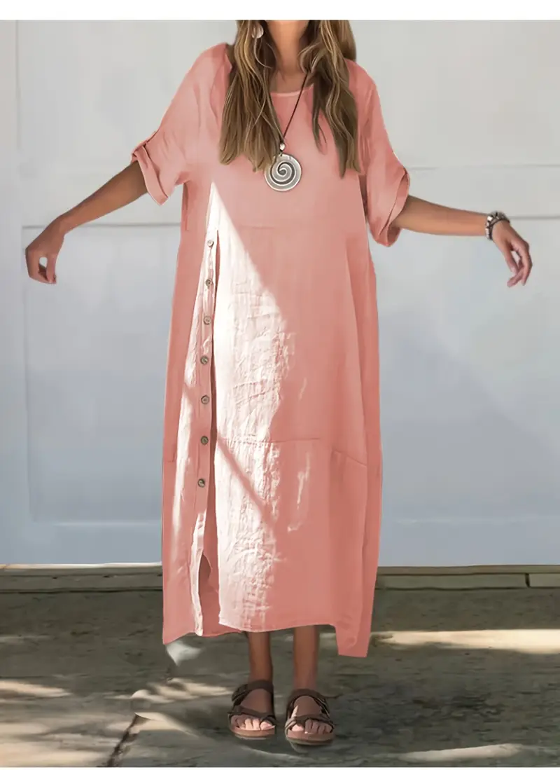 γυναικείο καθημερινό φόρεμα α-γραμμής με κουμπιά και σπασίματα στο πλάι - ζωηρό κίτρινο, χαλαρή εφαρμογή με στρογγυλή λαιμόκοψη για άνοιξη/καλοκαίρι, κομψό ρούχο που πλένεται στο πλυντήριο, κλασική σιλουέτα, αναπνεύσιμο υλικό, χαλαρός στυλ Στοιχεία είδους 5