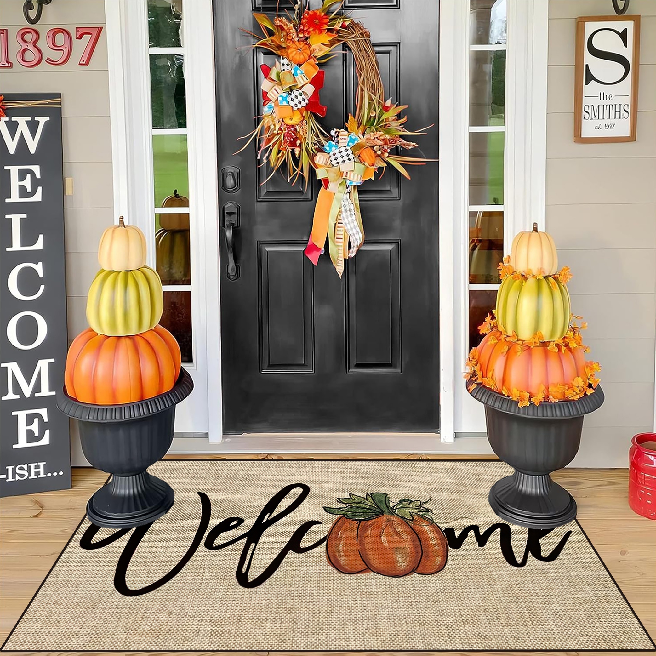 

Fall Pumpkin Welcome Doormat - Machine Washable, Non-slip, Durable Polyester Entryway Rug For Indoor, Outdoor, Bedroom, Living Room - Thanksgiving Themed Decor, Accent Mat For Home And Photo Prop