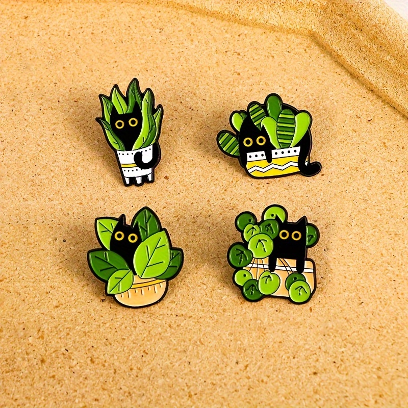 

4pcs Set Cute Cat & Plant Cartoon Brooches - Alloy Fashion Pins For Bags & Apparel
