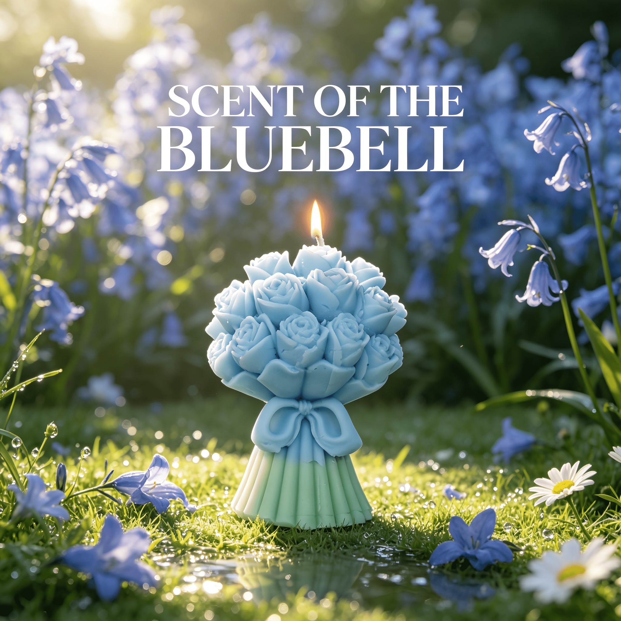 A Candle Shaped Like a Bouquet of Blue Roses, Scented with Bluebell, Featuring a Mint Green Base. This Hand-Poured Decorative Soy Wax Candle Is Perfect for a Bathroom Vanity, Shelf, Or As a Wedding Gift