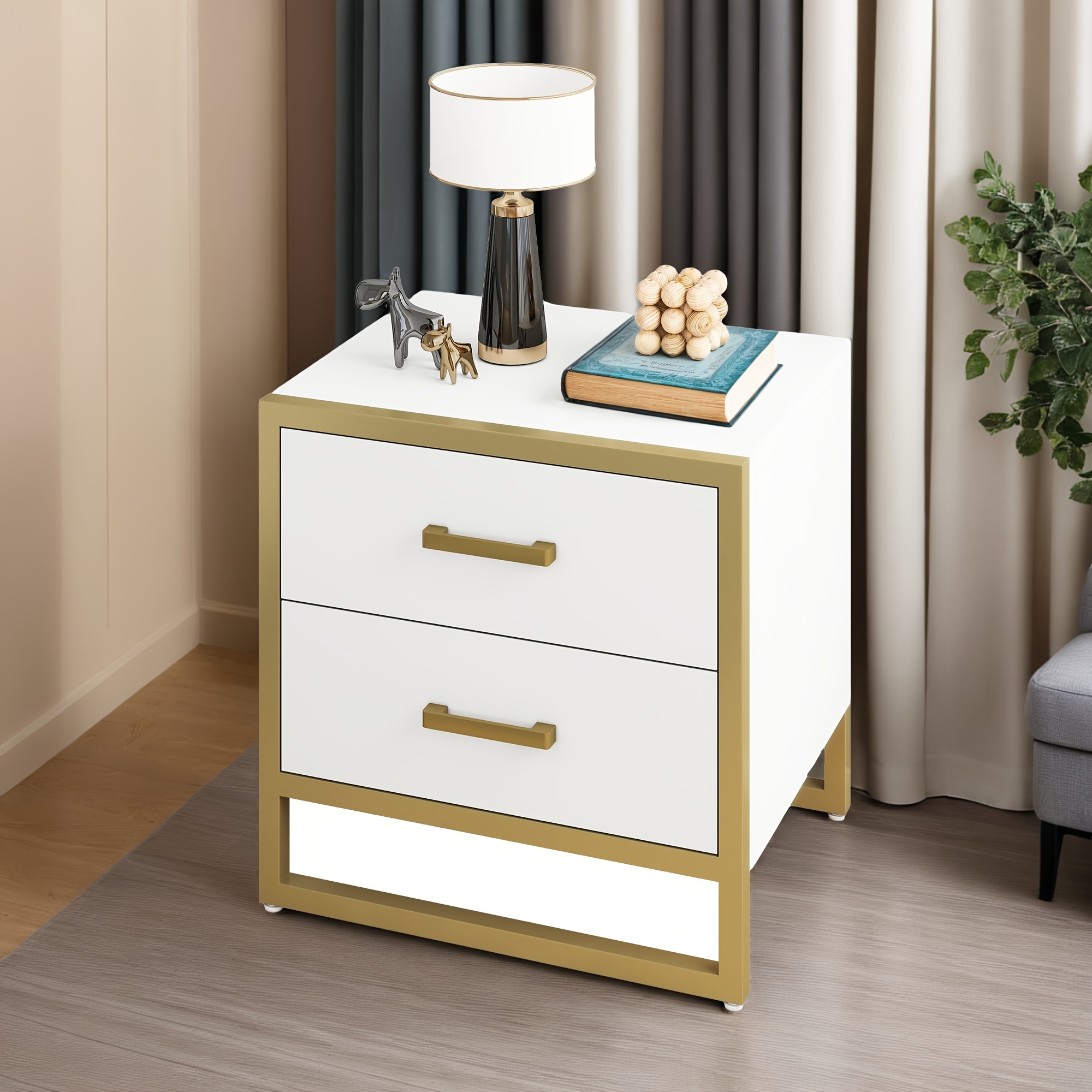 

Phabules Nightstand End Side Table With 2 Drawers Modern Bedside Table With Metal Frame For Bedroom Living Room, White/black