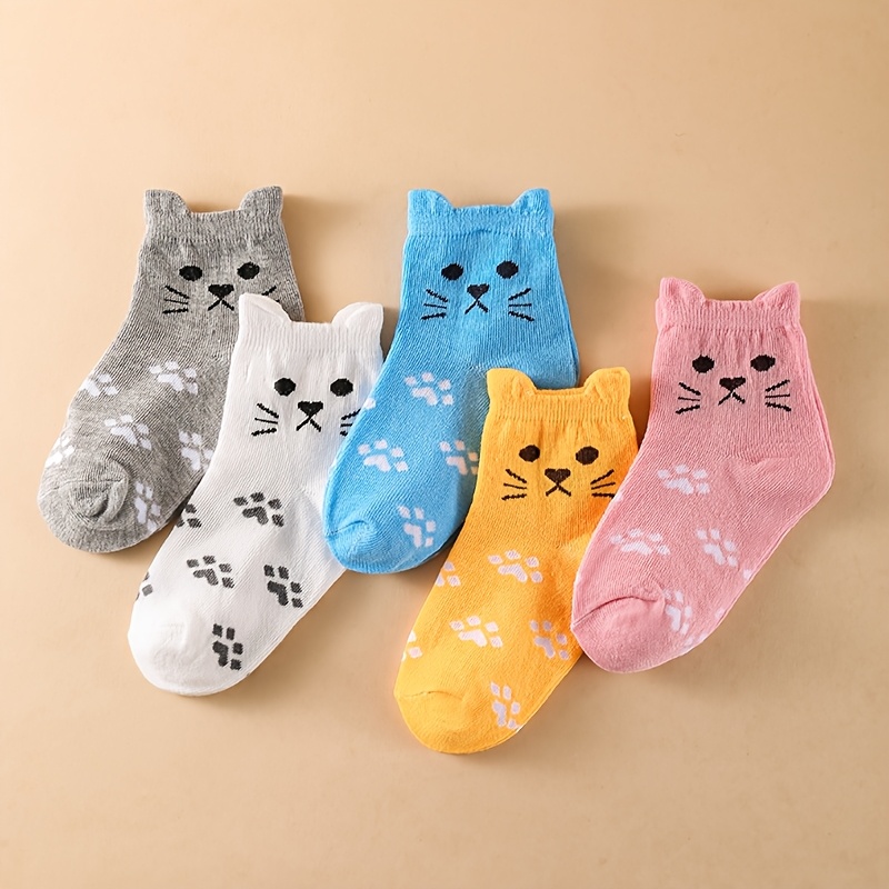 E-shop 5 Paar Mädchen-Kätzchensocken mit niedlichen Katzenpfoten & getigerte Muster - Weich - Schuhwerk geeignet für Spielverabredungen,